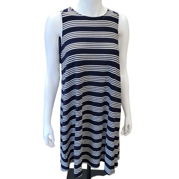 LOFT Ann Taylor Striped Tunic Dress Sz M Black White Graphic Knee Length Relaxed - Picture 1 of 9